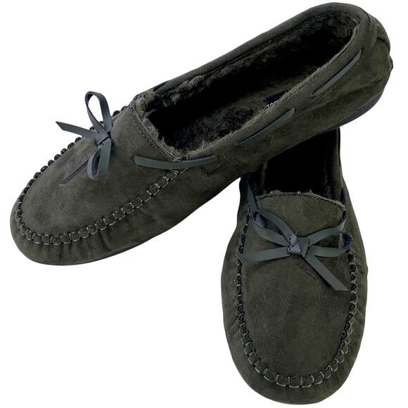 Ashley Blue Moccasin Slipper Olive Green Bow Tie Hard Flexible Bottoms Size 10 - Picture 2 of 11